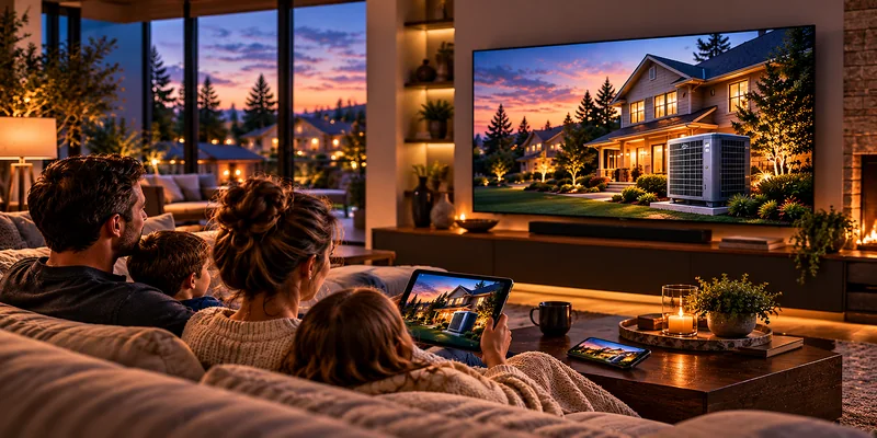 A family on the sofa at sunset watching a local restoration commercial on streaming TV