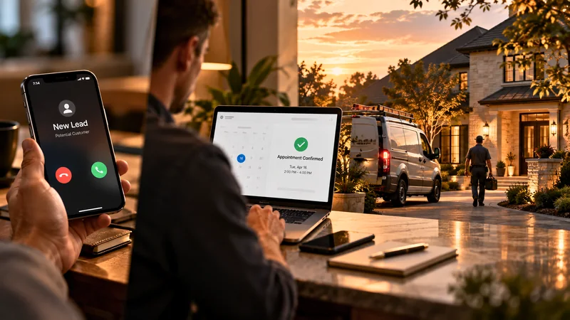 An incoming restoration lead call, a confirmed appointment on the laptop and a technician arriving at the customer’s home