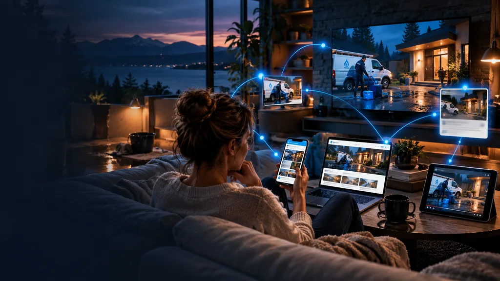 Same restoration brand surrounding an in-market homeowner across phone, streaming television, web, video, and retargeting screens