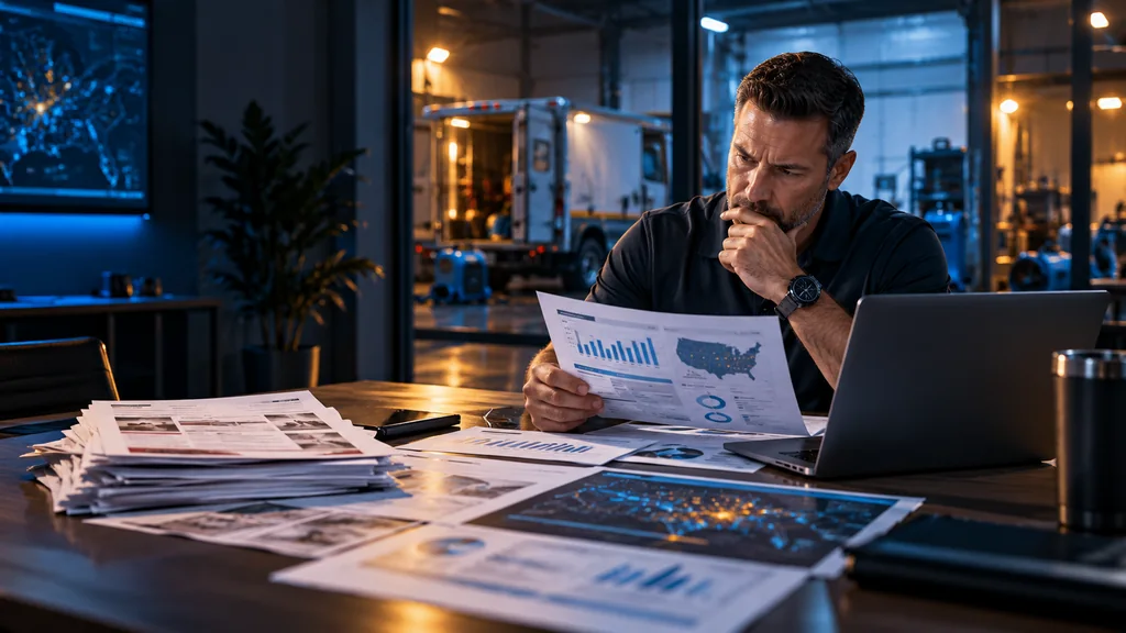 Restoration business owner comparing marketing proposals, market data, job economics, and agency performance evidence