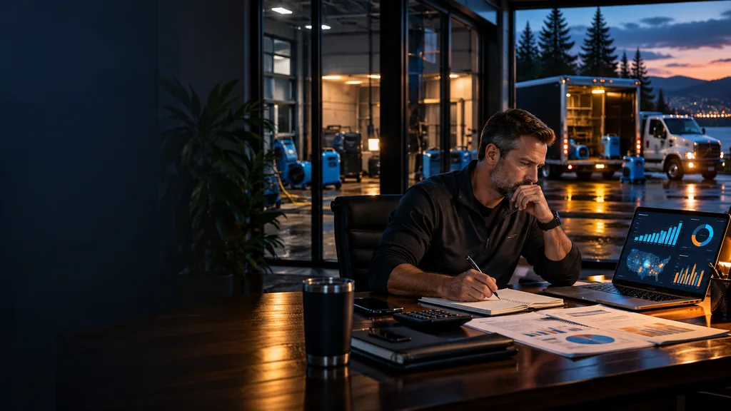 Restoration owner planning a marketing budget using job value, gross margin, market demand, and media allocation data